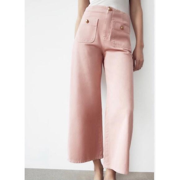 ZARA Wide Leg Cropped Pants Gold Button Detail Size 2 Elegant Chic Minimalist - Picture 1 of 9
